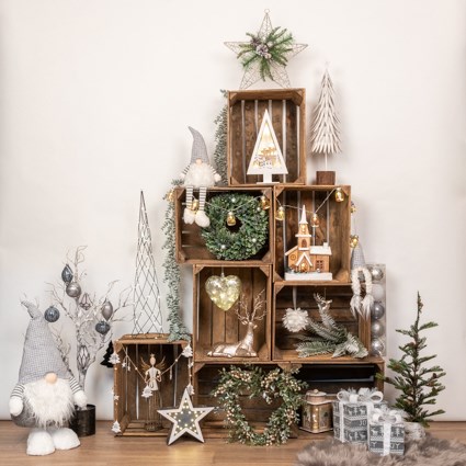 collection of tabletop christmas decorations, gonks and crates