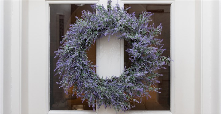 faux lavender wreath on front door