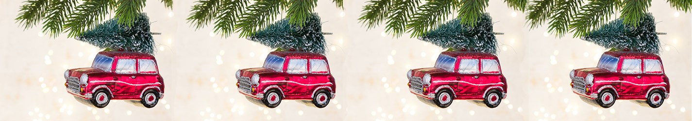 Hanging Mini cooper car decorations on christmas tree