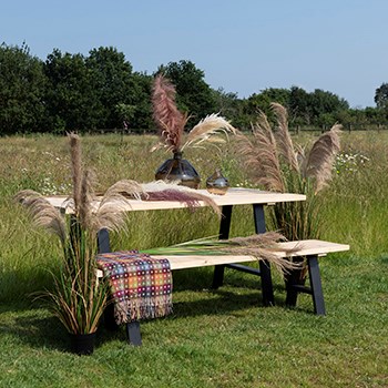 faux pampas grass in vases on bench in a field