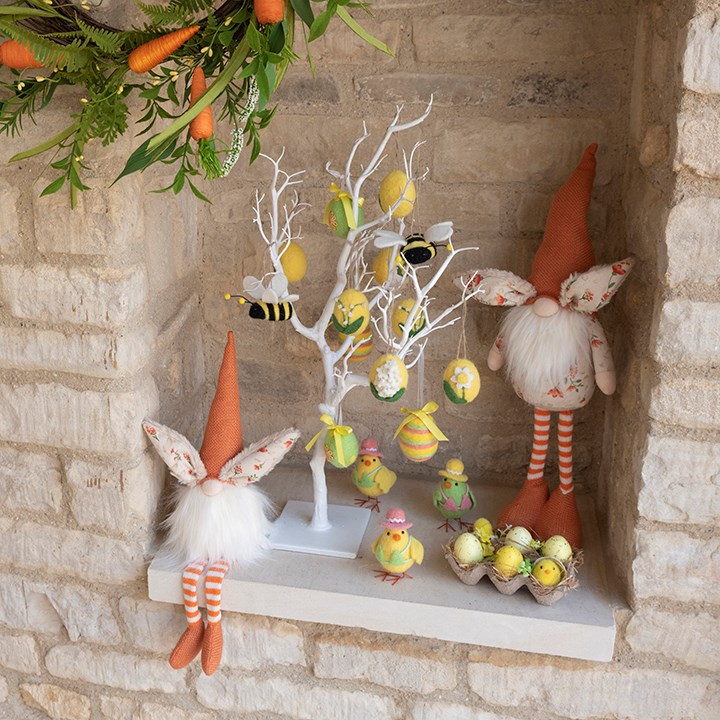 easter birds on twig tree, carrot wreath and gonks