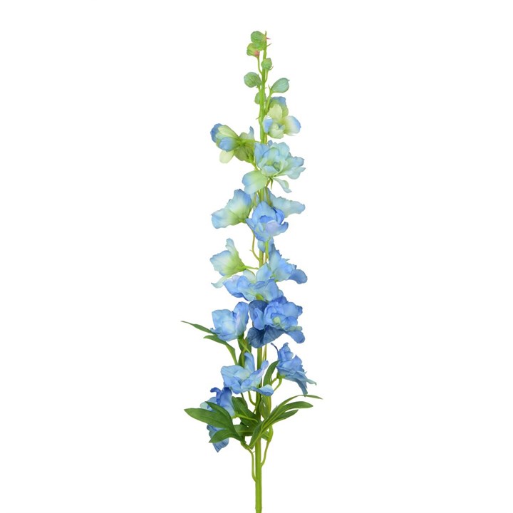 faux blue delphinium stems on white background