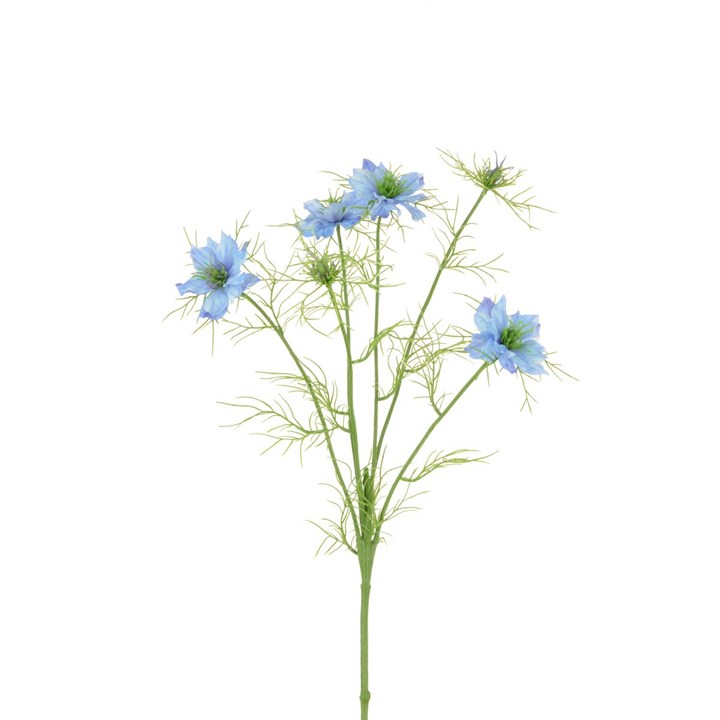 artificial blue nigella love in the mist stem on white background