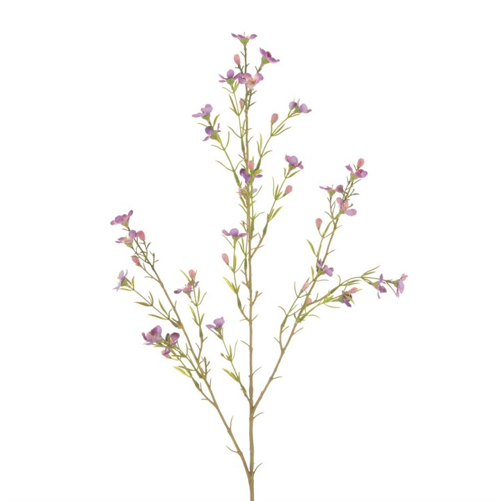 purple faux wax flower stem on white background