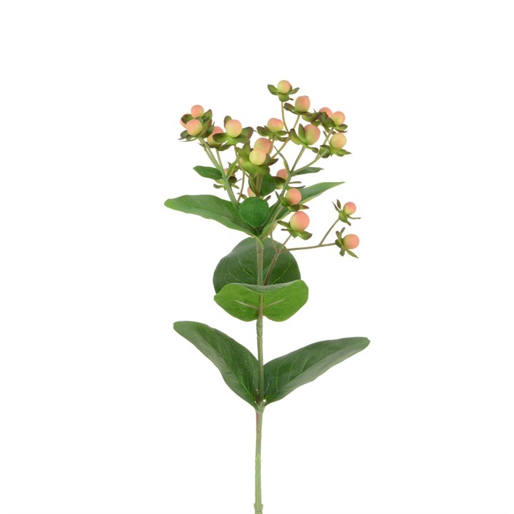faux pink hypericum stem on white background