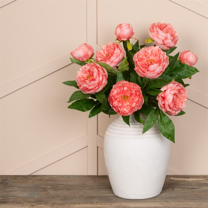 Faux Triple Head Peony Spray Coral