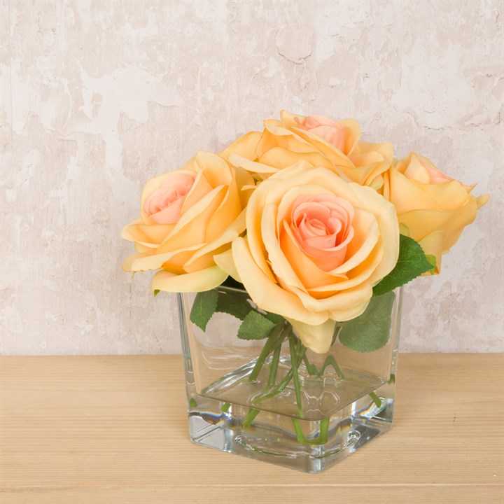 Faux Apricot Roses in Cube