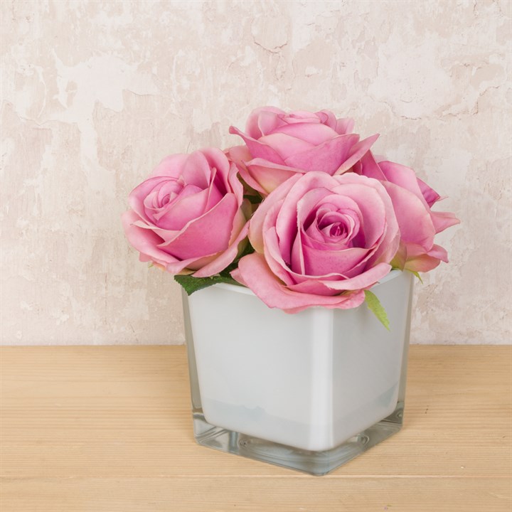 Faux Lilac Roses in White Cube