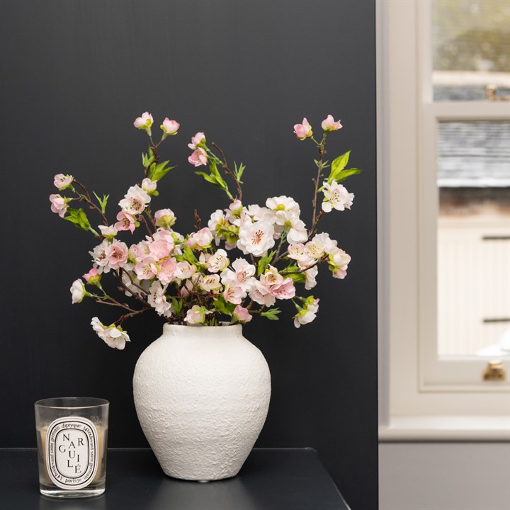 Faux Pink Cherry Blossom in White Rustic Vase