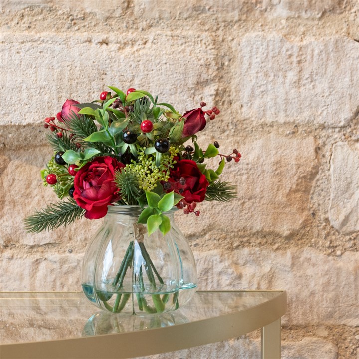 Faux Cabbage Rose & Berries in Curve Vase