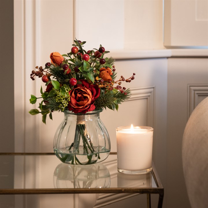 Faux Cabbage Rose & Berries in Curve Vase