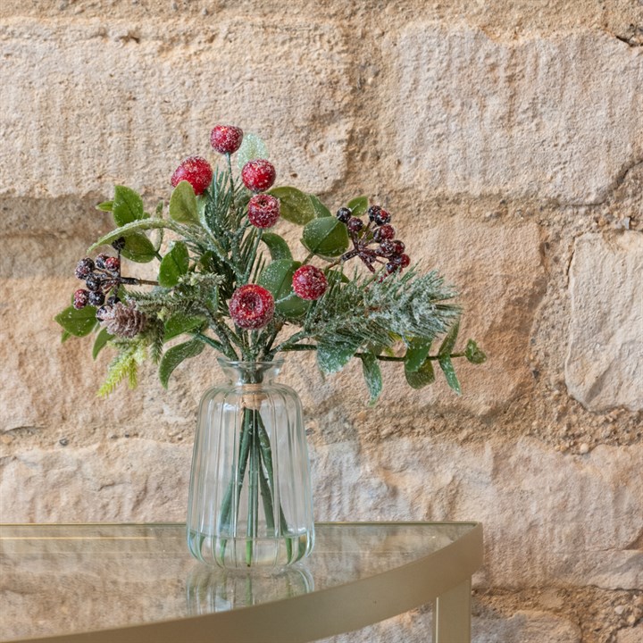 Sparkly Faux Foliage & Berries in Glass Vase