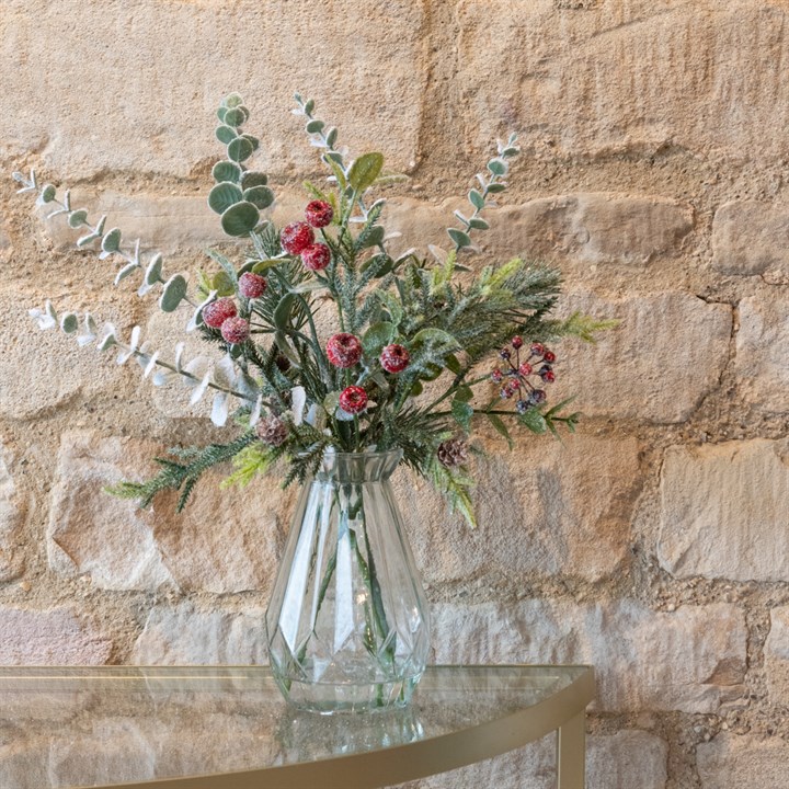 Sparkly Faux Foliage in Ribbed Glass Vase