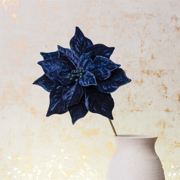 Velvet Luxe Faux Poinsettia Stem Dark Blue