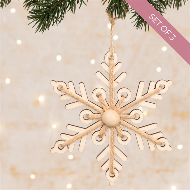 3 Wooden Snowflake Hanging Decorations