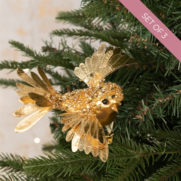3 Beaded Gold Bird Christmas Clips