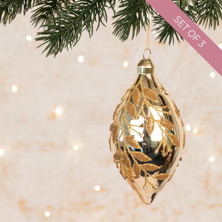 3 Glass Etta Gold Beaded Leaf Christmas Finials