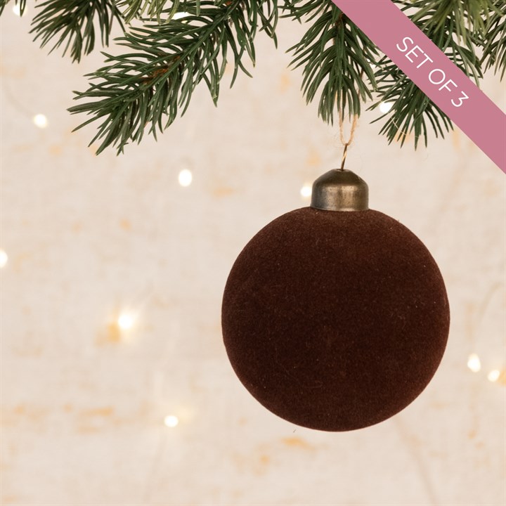 3 Glass Velvet Christmas Baubles Brown