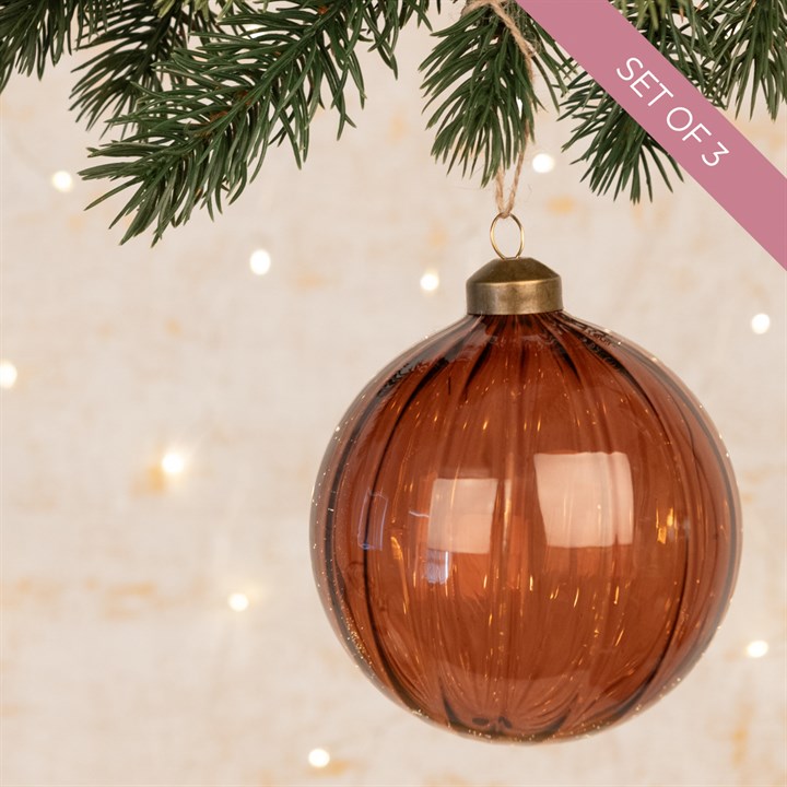 3 Large Glass Cora Brown Christmas Baubles