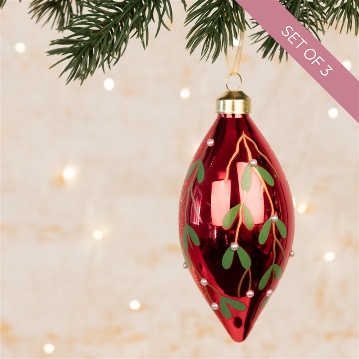 3 Glass Anastasia Mistletoe Christmas Finials Red