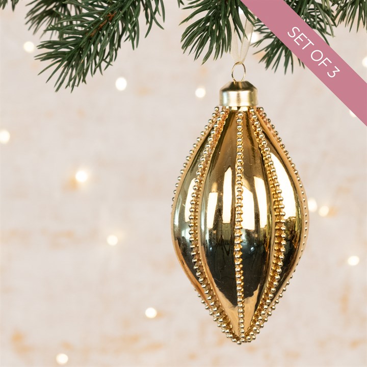 3 Glass Aliza Bead Lined Gold Christmas Finials