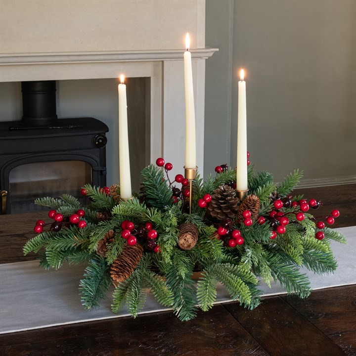 Faux Berry Foliage & Pinecone Candle Holder
