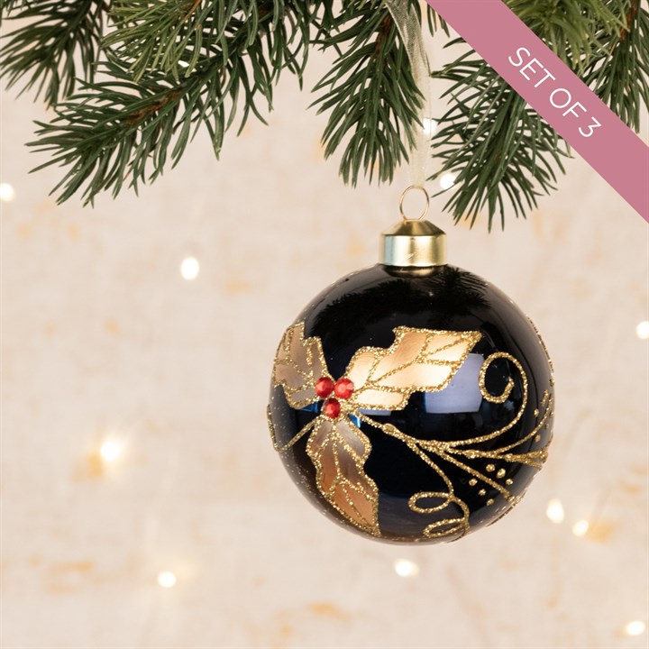 3 Glass Dark Blue & Gold Azaria Holly Baubles