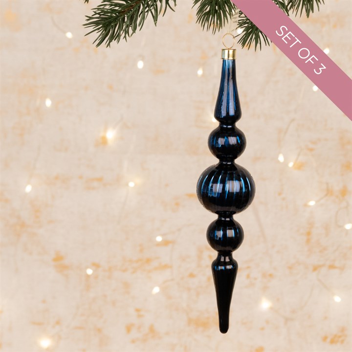 3 Large Glass Dark Blue Christmas Finials