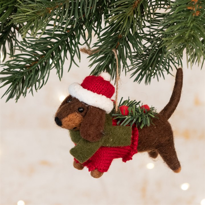 Felt Dachshund in Hat & Scarf Hanging Decoration