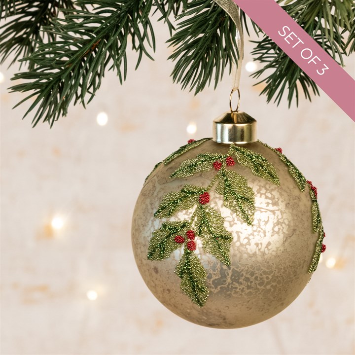 3 Glass Anabelle Gold Holly Christmas Baubles