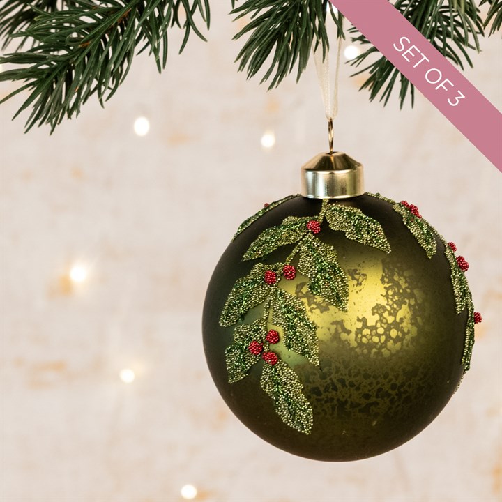 3 Glass Anabelle Green Holly Christmas Baubles