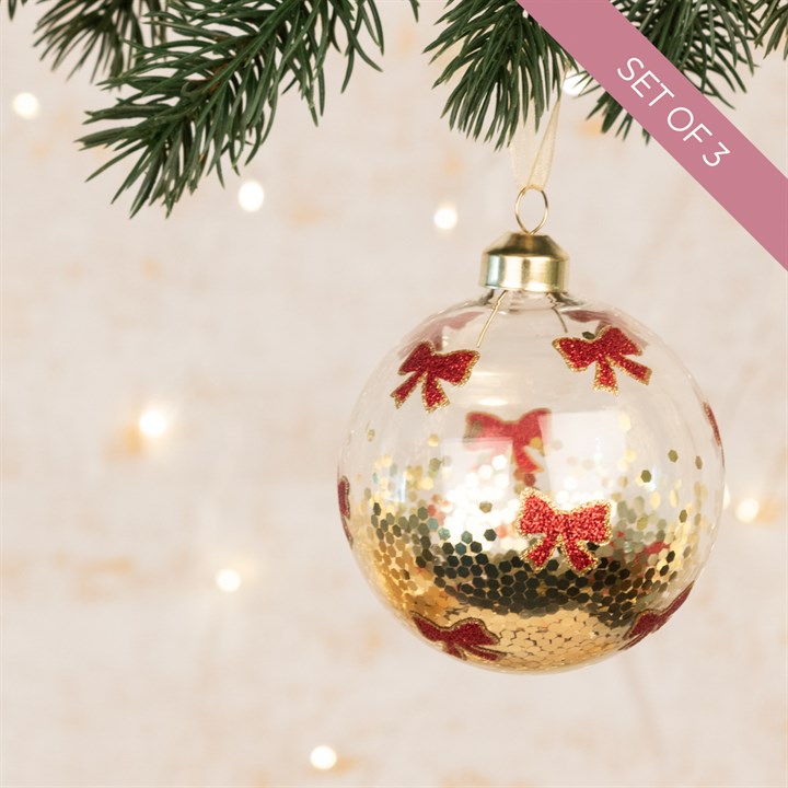 3 Glitter Filled Glass Bow Christmas Baubles