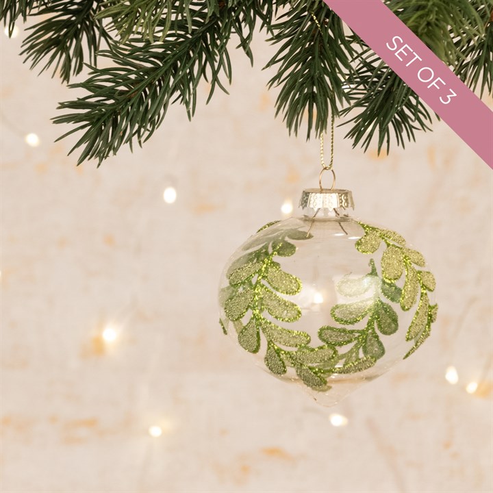 3 Glass Green Glitter Christine Onion Baubles