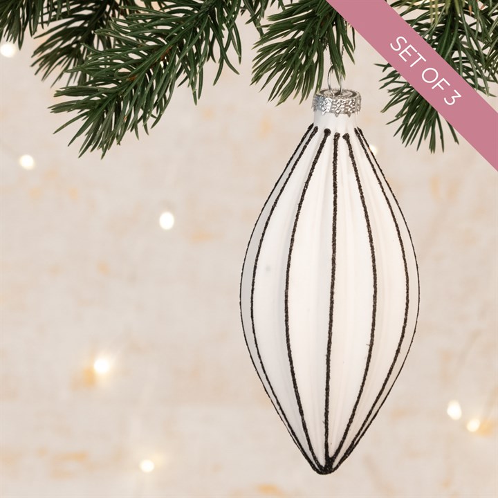 3 Glass Black & White Janelle Christmas Finials