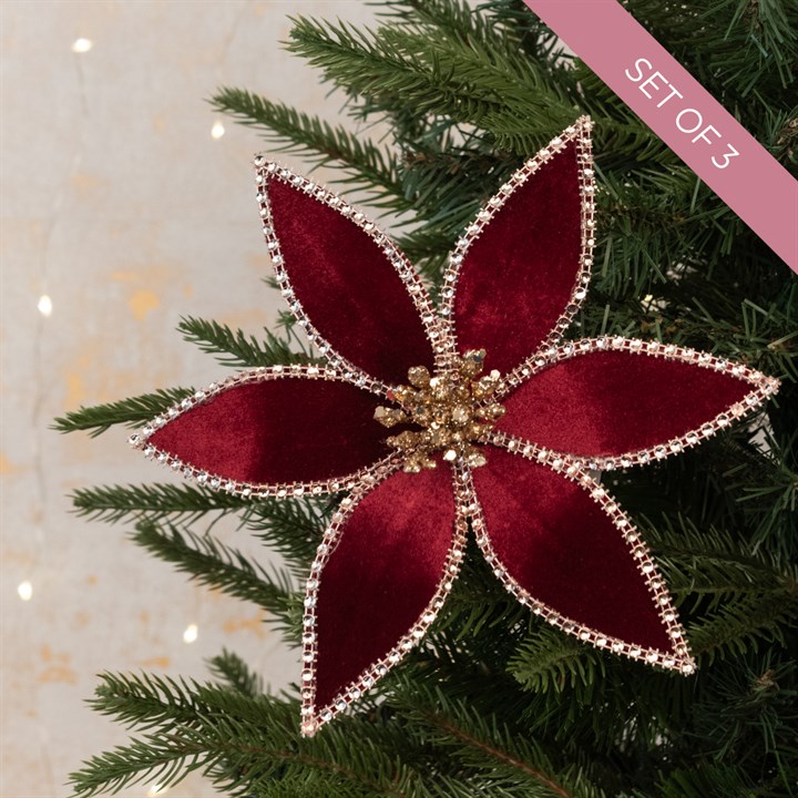 3 Luxe Burgundy Velvet Poinsettia Clips
