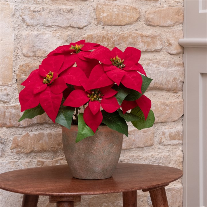 Faux Poinsettia in Ceramic Pot Red