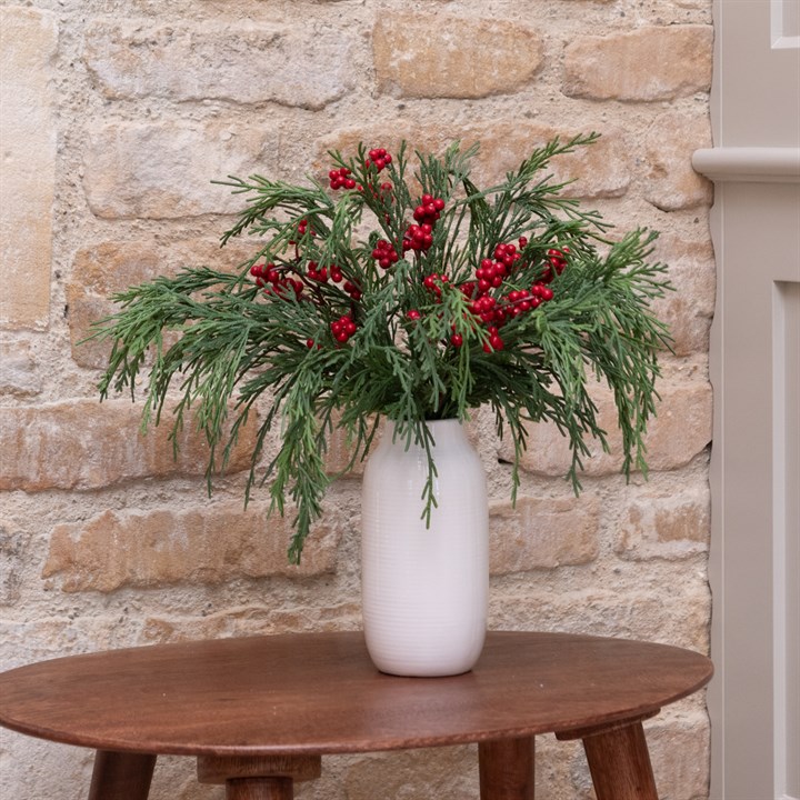 Faux Cypress & Berries in White Pot