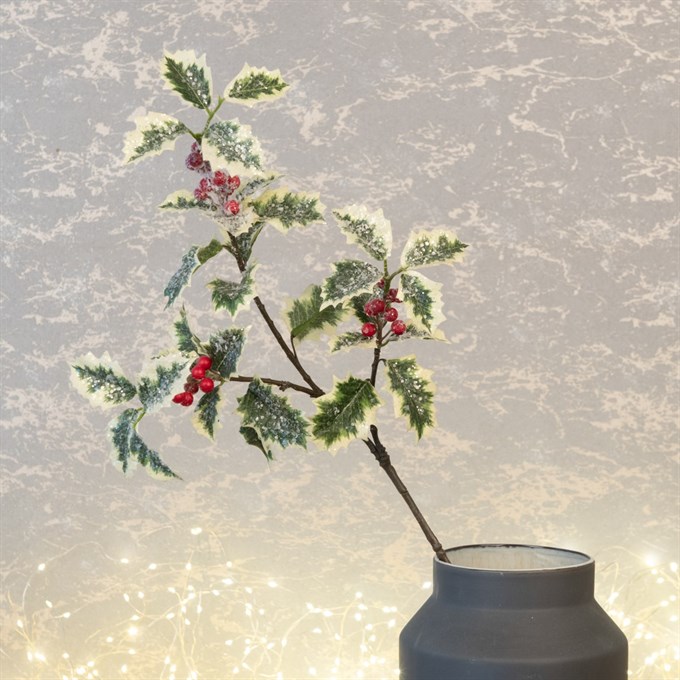 Faux Glittered Holly Stem