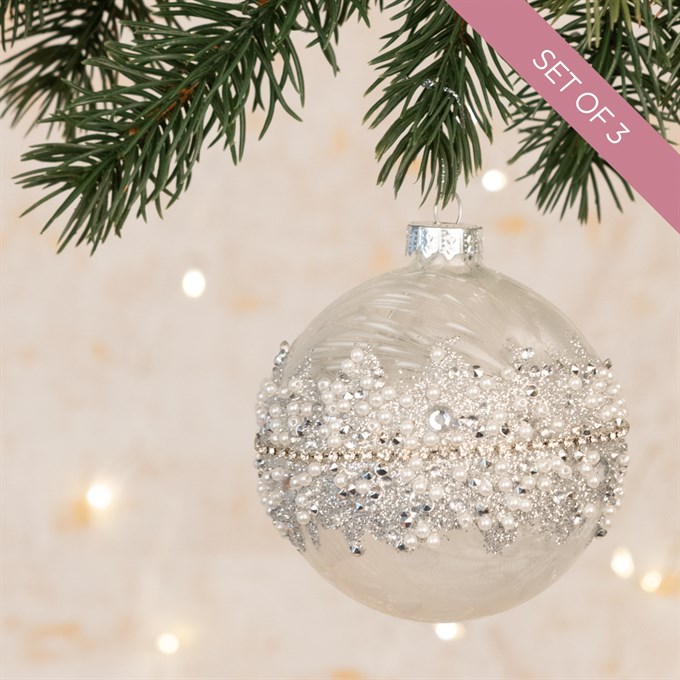 3 Helen Jewelled Glass Christmas Baubles Silver