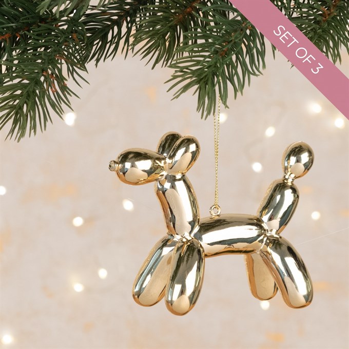 Set of 3 Balloon Dog Tree Decorations Gold