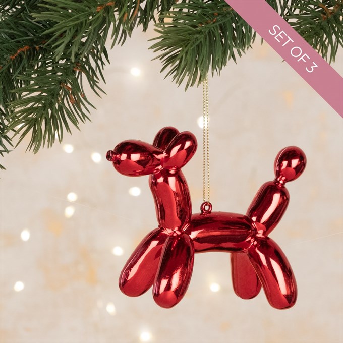 Set of 3 Balloon Dog Tree Decorations Red