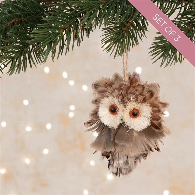 Set of 3 Feathered Owl Tree Decorations