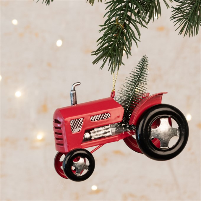 Red Metal Tractor with Tree Hanging Decoration