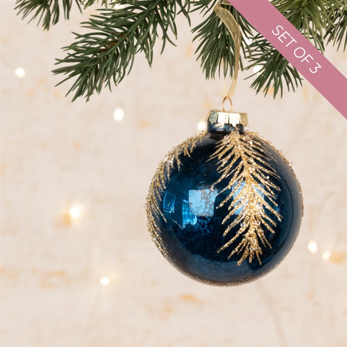 3 Glass Blue & Gold Lexena Christmas Baubles