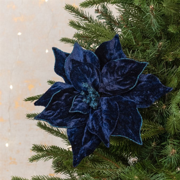 Velvet Luxe Faux Poinsettia Clip Dark Blue