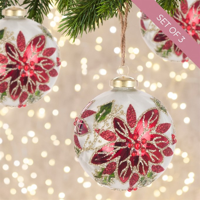 Set of 3 Poinsettia & Holly Baubles