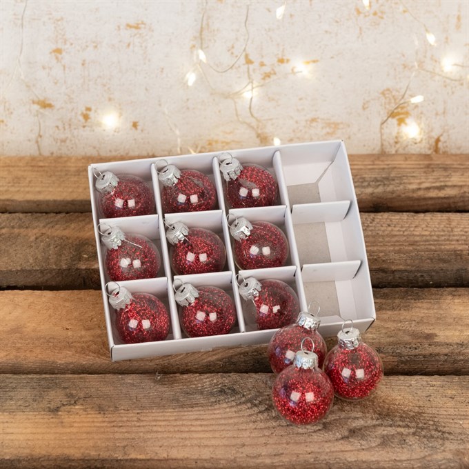 Boxed Mini Glass Baubles Set Red