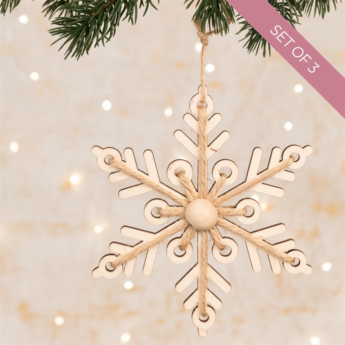 3 Wooden Snowflake Hanging Decorations