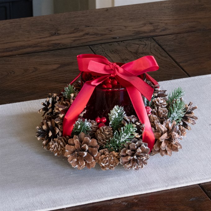 Pine Cone Candle Holder with Red Ribbon