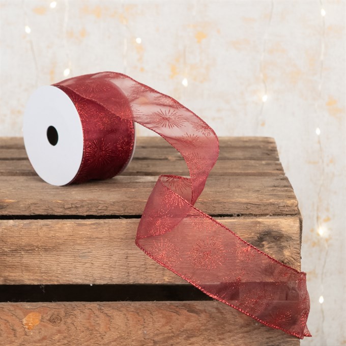Burgundy Star Burst Christmas Ribbon 2.5"